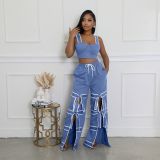 Solid Color Patchwork Tie Up Straight Pants ORY-5269