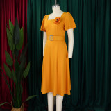 Plus Size Square Neck Solid Corsage High Waist Midi Dress GATE-568
