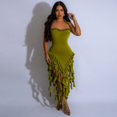 Solid Color Halterneck Tassel Midi Dress GDAM-218702