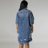 Plus Size Fashion Denim Holes Tassel Midi Dress GDAM-218680