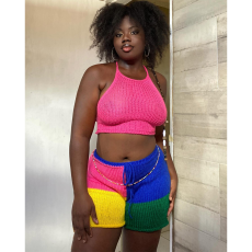 Halterneck Contrast Color Vest And Shorts Suit QYXZ-9181