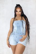 Sexy Wrap Chest Patchwork Denim Romper XCFF-6647