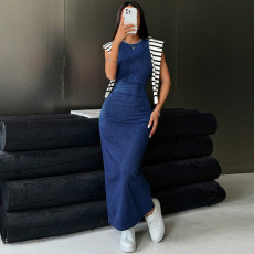 Sleeveless O Neck Denim Maxi Derss GDAM-218585