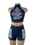 Sexy Hole Denim Top Shorts Suit GHYF-4016