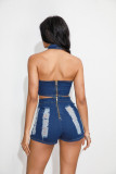 Sexy Hole Denim Top Shorts Suit GHYF-4016