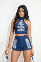 Sexy Hole Denim Top Shorts Suit GHYF-4016