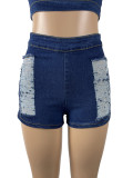 Sexy Hole Denim Top Shorts Suit GHYF-4016