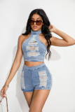 Sexy Hole Denim Top Shorts Suit GHYF-4016