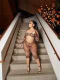 Fashion Slim Leopard Print Long Sleeve Short Top Cropped Pants Suit YWXS-XS-XSL445070