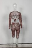 Fashion Slim Leopard Print Long Sleeve Short Top Cropped Pants Suit YWXS-XS-XSL445070