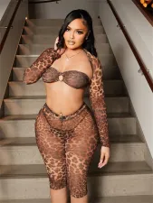 Fashion Slim Leopard Print Long Sleeve Short Top Cropped Pants Suit YWXS-XS-XSL445070