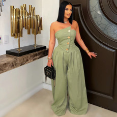 Solid Wrap Chest Metal Button Wide Leg Jumpsuit ZSD-0729
