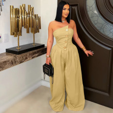 Solid Wrap Chest Metal Button Wide Leg Jumpsuit ZSD-0729