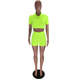 Solid Color Sport Short Sleeve Two Piece Shorts Set LM-9259