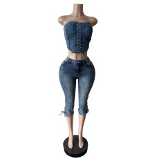 Fashion Tie Up Wrap Chest Two Piece Pants Set MEM-88639