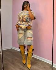 Loose Retro Holes Straight Fifth Jeans GSMJ-6996