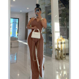 Contrast Color V Neck Zipper Two Piece Pants Set ASL-6787