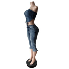 Fashion Tie Up Wrap Chest Two Piece Pants Set MEM-88639