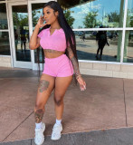 Solid Color Sport Short Sleeve Two Piece Shorts Set LM-9259