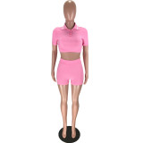 Solid Color Sport Short Sleeve Two Piece Shorts Set LM-9259