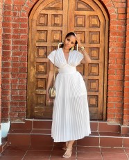 Solid Color Press Pleated Midi Dress OLYF-6177