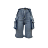 Loose Casual Pockets Denim Fifth Pants LSD-2413