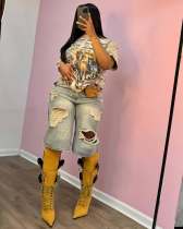 Loose Retro Holes Straight Fifth Jeans GSMJ-6996