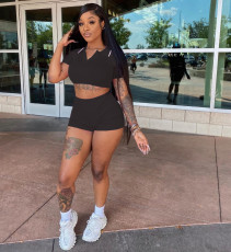 Solid Color Sport Short Sleeve Two Piece Shorts Set LM-9259