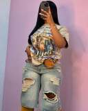 Loose Retro Holes Straight Fifth Jeans GSMJ-6996