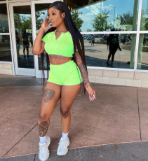 Solid Color Sport Short Sleeve Two Piece Shorts Set LM-9259