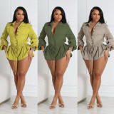 Plus Size Solid Color Drawstring Romper NY-3561