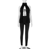 Halterneck Furry Tie Two Piece Pants Set MXBF-D25ST075