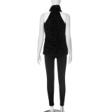 Halterneck Furry Tie Two Piece Pants Set MXBF-D25ST075