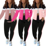 Patchwork Sport Hooded Coat Two Piece Pants Set SH-391311