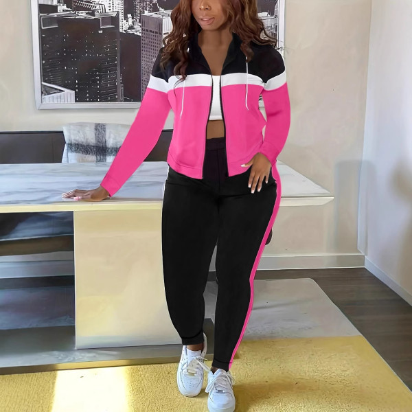 Patchwork Sport Hooded Coat Two Piece Pants Set SH-391311