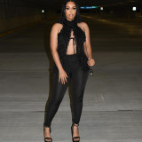 Halterneck Furry Tie Two Piece Pants Set MXBF-D25ST075
