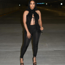 Halterneck Furry Tie Two Piece Pants Set MXBF-D25ST075