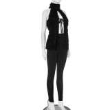 Halterneck Furry Tie Two Piece Pants Set MXBF-D25ST075