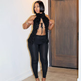 Halterneck Furry Tie Two Piece Pants Set MXBF-D25ST075