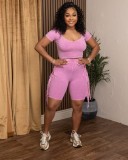 Solid Color Short Sleeve Tassel Two Piece Shorts Set TK-6342
