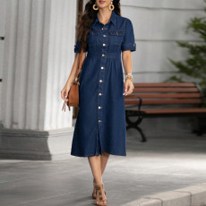 Short Sleeve Lapel Denim Midi Dress GDAM-218665