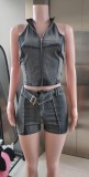 Sleeveless Zip Top Shorts Denim Suit XMCS-CS202532817