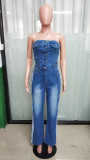 One Shoulder Washed Denim Wide Leg Jumpsuit GKNF-6995