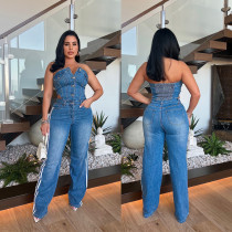 One Shoulder Washed Denim Wide Leg Jumpsuit GKNF-6995