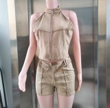 Sleeveless Zip Top Shorts Denim Suit XMCS-CS202532817