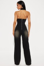 Fashion V Neck Denim Halterneck Jumpsuit GKNF-6992