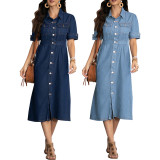 Short Sleeve Lapel Denim Midi Dress GDAM-218665