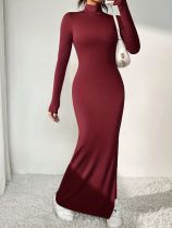 Long Sleeve Solid Color Split Maxi Dress GRNH-M23DS504