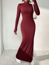 Long Sleeve Solid Color Split Maxi Dress GRNH-M23DS504