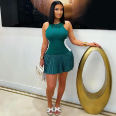 Solid Color Sleeveless Pleated Mini Dress OY-6500